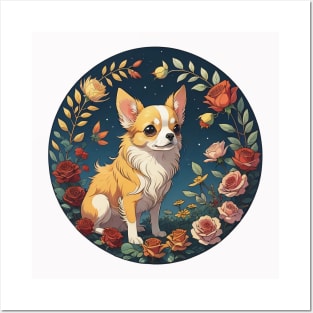 Longhaired Chihuahua Night Garden Posters and Art